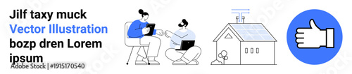 Remote work, sustainability, energy solutions, teamwork, digital communication, approval icons. Two people collaborating digitally, a solar-powered home and a thumbs-up symbol. Remote work