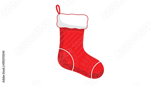 A festive red Christmas stocking with a white fluffy trim and a subtle mandala pattern, hanging ready for holiday gifts and celebrations.