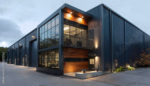 Sleek contemporary industrial building exterior with large windows and dark facade under a twilight sky, showcasing modern architectural design