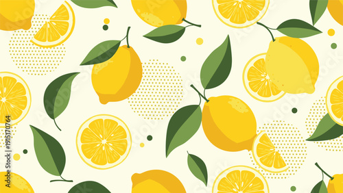 A fresh and zesty seamless pattern featuring bright yellow lemons, whole and sliced, with green leaves and geometric dot patterns.