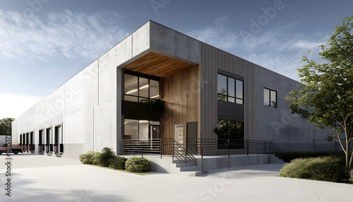 Modern industrial building with concrete facade and wooden accents, featuring large windows and loading docks, surrounded by greenery