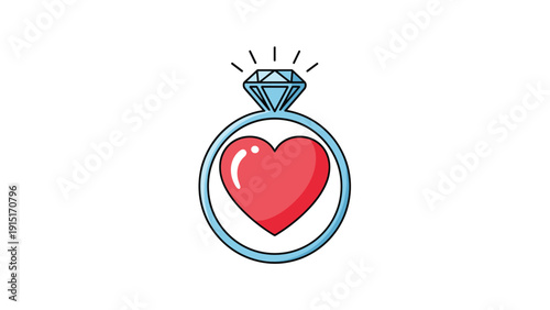 A cute cartoon illustration of a sparkling diamond engagement ring with a large red heart in the center, symbolizing love and commitment.