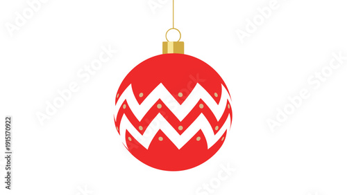 A classic red Christmas ball ornament with a white zig-zag chevron pattern and gold dots, hanging from a gold cap for holiday decor.