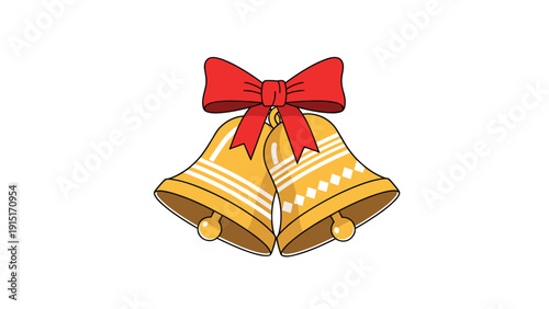 A classic and festive illustration of two golden Christmas jingle bells tied together with a bright red ribbon and bow, ready to hang.