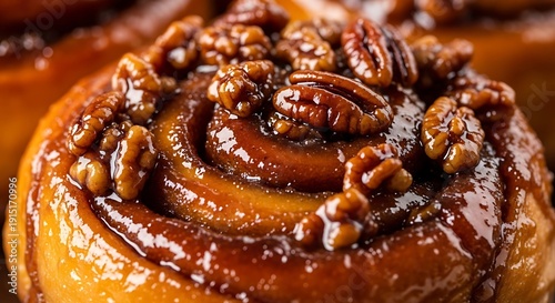 Close up of a mouthwatering sweet sticky bun topped with nuts, perfect for a breakfast treat