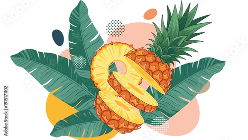 A vibrant summer composition featuring a whole and sliced pineapple set against a backdrop of large tropical leaves and abstract shapes.