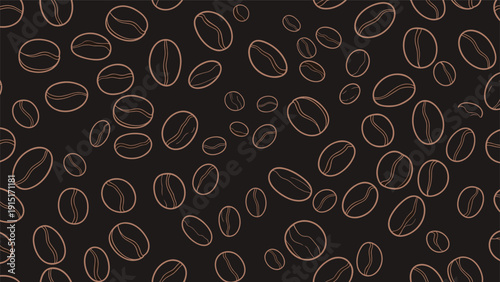 A simple seamless pattern featuring scattered, outlined coffee beans on a dark brown background, perfect for cafe branding and packaging.