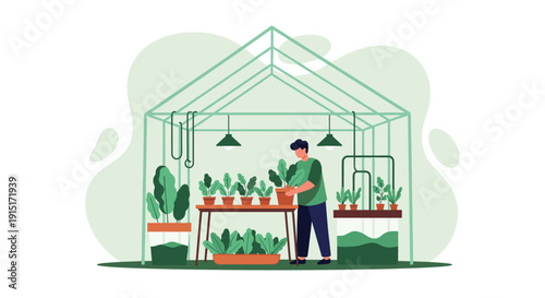 A man tends to potted plants and hydroponic systems inside a modern greenhouse cultivating various greens, Generative AI.