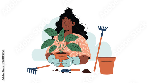 Charming illustration of a woman enjoying her hobby of potting a houseplant, surrounded by gardening tools on a white background.