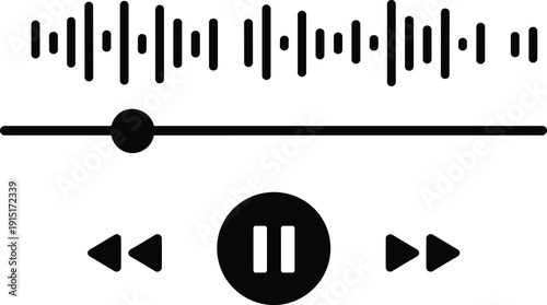 Graphical media player interface with waveform, progress bar, and playback controls, ideal for digital audio apps, UI design, and multimedia platforms.