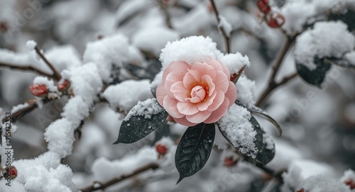 Fresh snow enhancing the beauty of a delicate pink camellia bloom