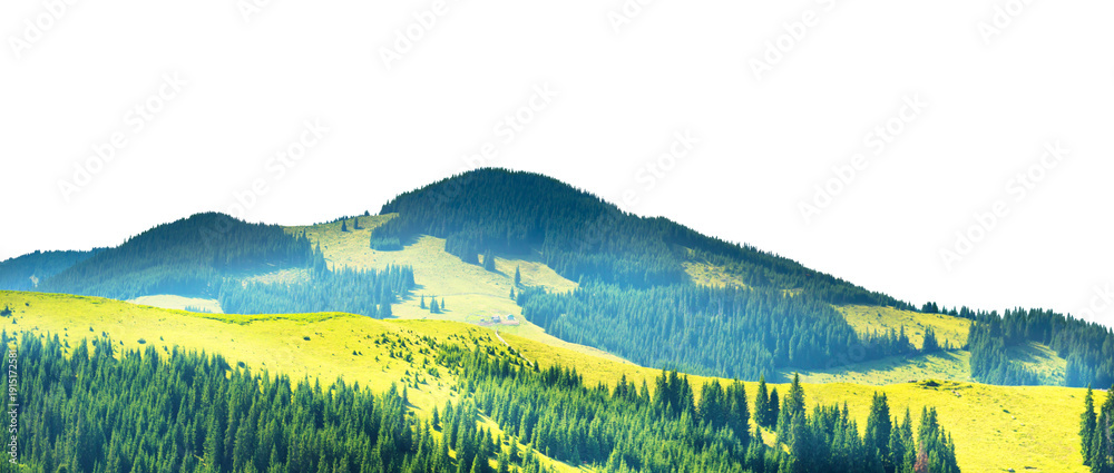 Naklejka premium Green mountains valley in hills. Nature mountains landscape in PNG isolated on transparent background