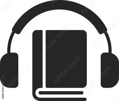 Audiobook icon with headphones wrapped around a book, representing audio learning, digital storytelling, and media education in minimalist black vector style.