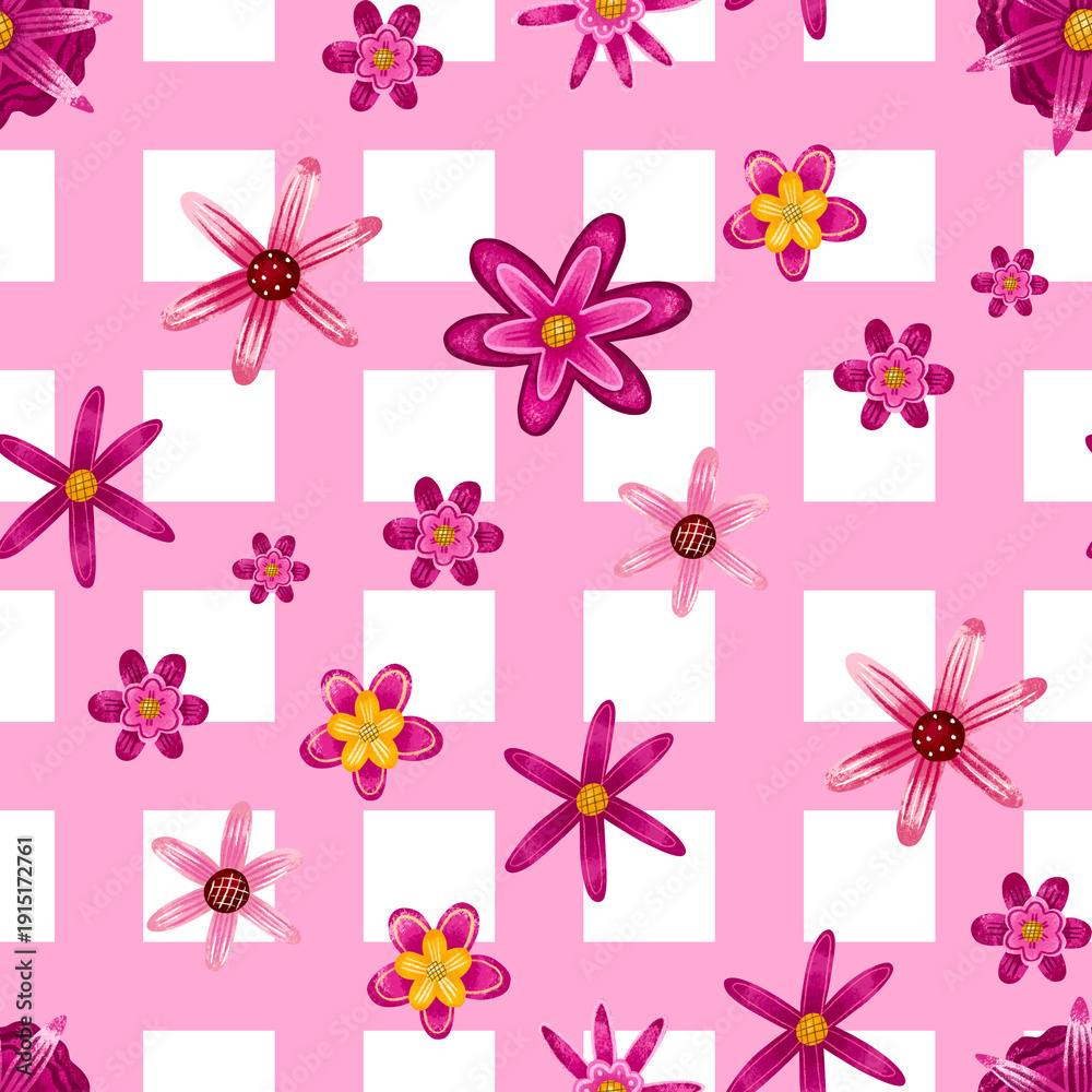 Obraz premium Hand Painted Pink Floral Seamless Pattern with Cute Flowers on Checkered Background, Girly Decorative Surface Design