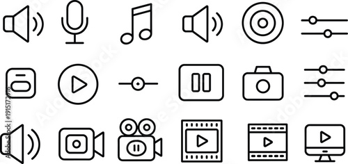 Set of 18 black outlined multimedia icons including audio, video, playback, and recording symbols for media interface and digital design themes