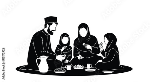 A muslim family sharing a meal together presented as a silhouette