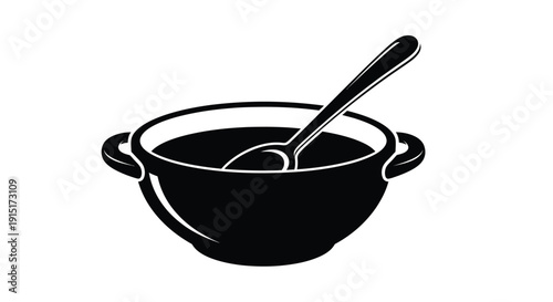 Black and white illustration of a bowl with a spoon silhouette