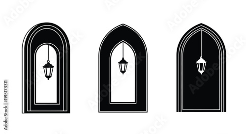 Three gothic arched windows with hanging lamps a stark silhouette