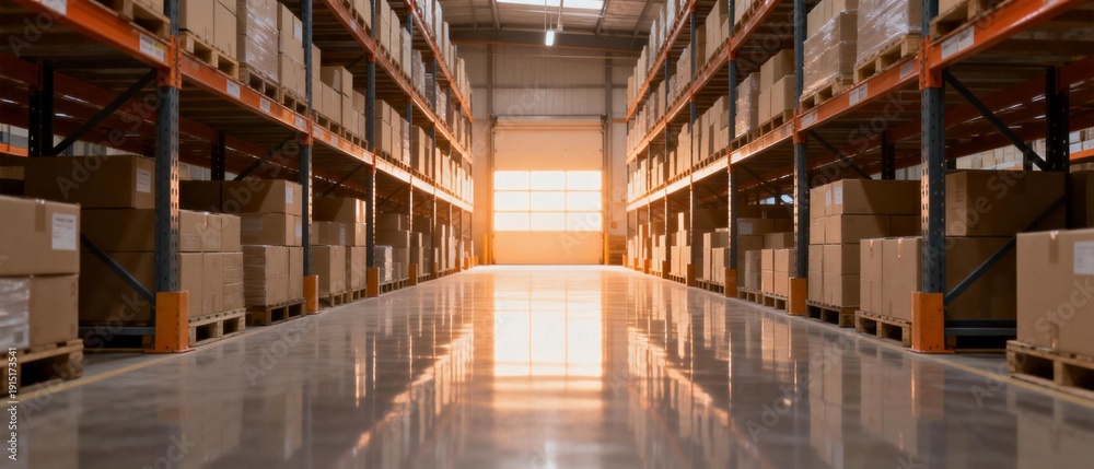 Obraz premium Warehouse aisle with stacked boxes