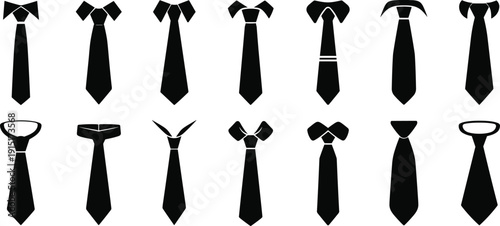 Collection of Necktie and Bow Tie Silhouettes Isolated on White Background Featuring Formal Business Accessories Set