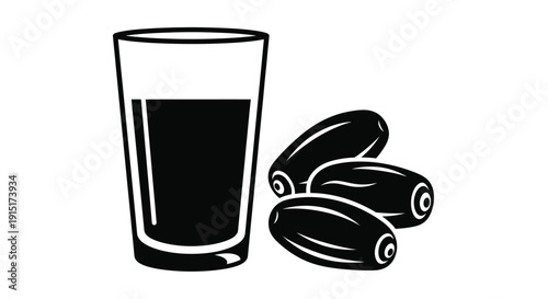 A black silhouette of a glass and dates on a white background