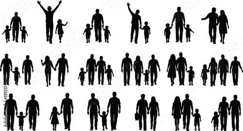 Family Silhouette Set of Parents and Children Walking Together Holding Hands Isolated on White Background Parenting and Unity Concept