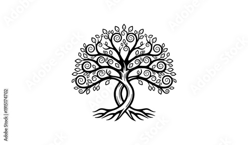 Tree of life black line art with swirling branches and roots ornamental vector icon isolated on white