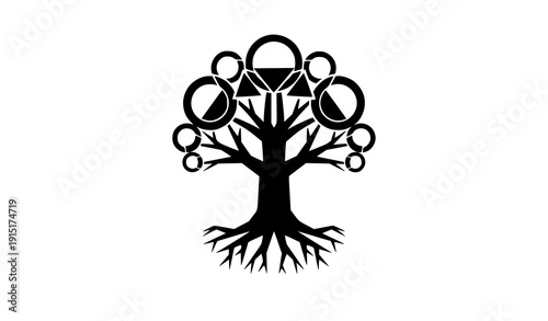Geometric tree of life logo with stylized roots and crown modern black vector isolated on white