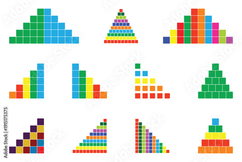 Colorful Building Block Pyramid and Staircase Shapes Set Isolated on White Background Vector Illustration.