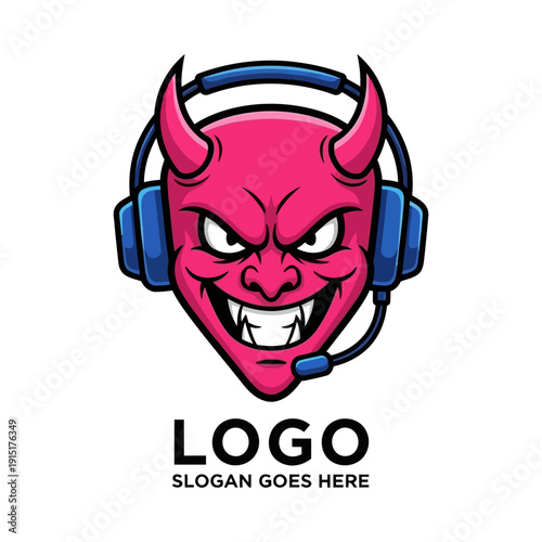 A pink devil cartoon character wearing a headset