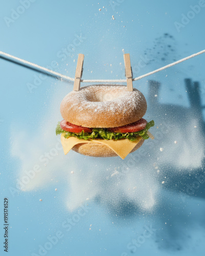 Surreal food art concept of a fresh bagel sandwich hanging on a clothesline with clothespins, flying flour dust on blue background