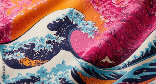 Abstract groovy wave and floral print in seventies style with bright hues background