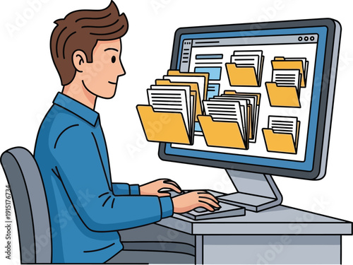 Man organizing digital files on computer screen at desk with flying folders and documents