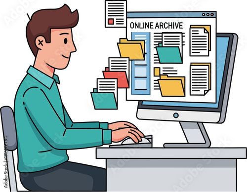 Man organizing digital documents on computer screen with online archive interface displayed