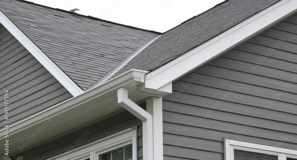 Fototapeta premium Refined family residence with pitched attic roof and white frame gutter guards over gray vinyl siding