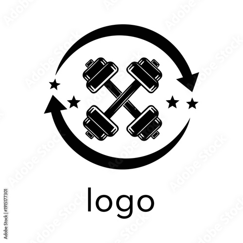 A black and white logo of dumbbells in a circular arrow