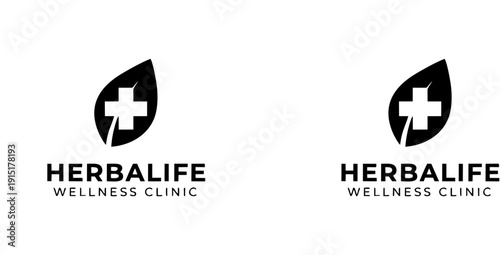   
Professional vector logo design for “HERBALIFE WELLNESS CLINIC” featuring a bold leaf with integrated medical cross, symbolizing natural health, care, and modern wellness branding.