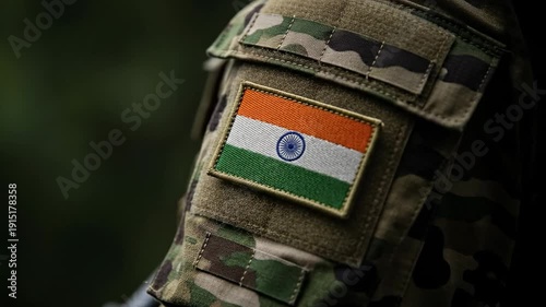 Indian Army Special Forces Soldier in Camouflage Uniform with National Flag Patch on Sleeve
