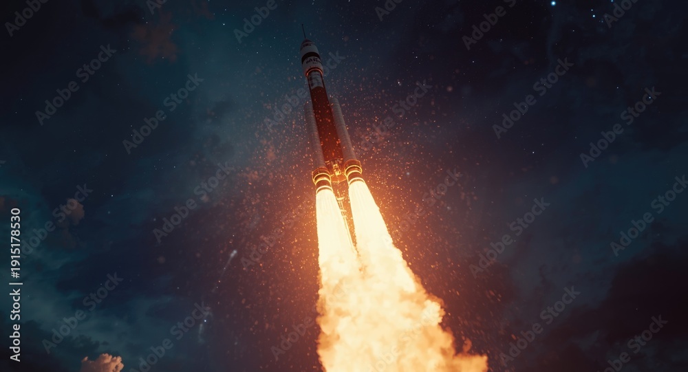 Fototapeta premium Rocket ascending into orbit with blazing exhaust flames