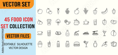 Food and beverage line icon set featuring fruits coffee sushi noodles cocktails desserts healthy meals and restaurant menu vector symbols