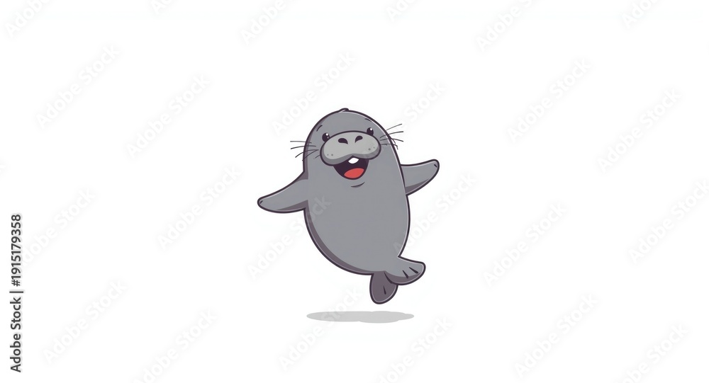 Fototapeta premium Happy cartoon manatee shown in a lively pose on a crisp white background