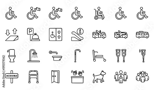 Wheelchair accessibility outline icon set with mobility and disability support symbols editable stroke vector