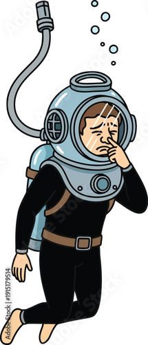 A diver in a vintage diving helmet explores underwater, descending into the depths with a contemplative gesture.