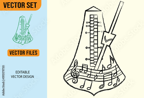Metronome with Musical Notes Hand Drawn Vector