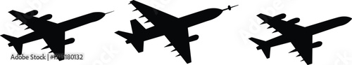 Set of Commercial Airplane Silhouettes in Different Angles Isolated on White Background for Aviation Design