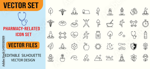 pharmacy vector icons set Includes symbols for pills, syringes, stethoscopes, medical cross, hospital, ambulance, DNA, and other healthcare-related items