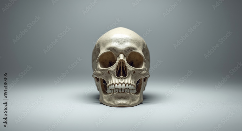 Fototapeta premium Open mouthed human skull captured from front on flat white surface