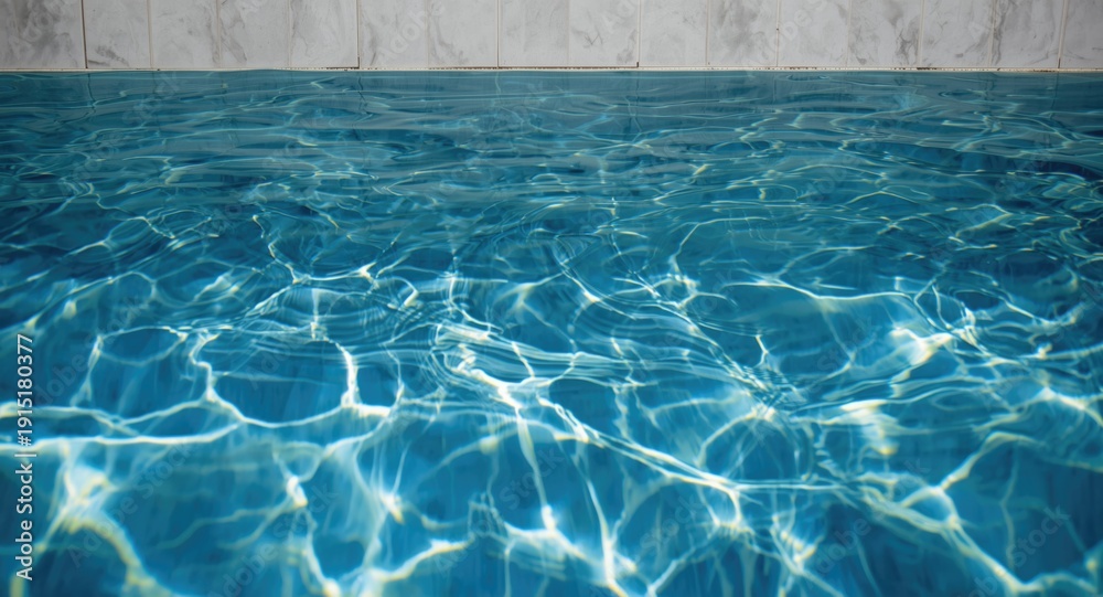 Fototapeta premium Dynamic water ripple caustics on clear pool water with marble tile backdrop