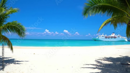 Tropical Beach with Palm Trees and Boat.