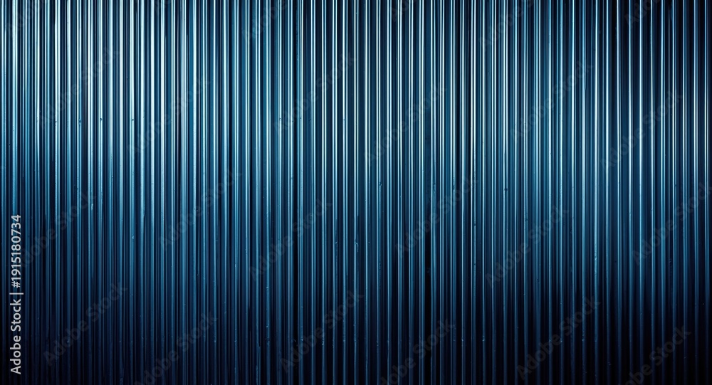 Obraz premium Textured metallic wall with reflective vertical blue corrugated panels and copy space ideal for design backdrops